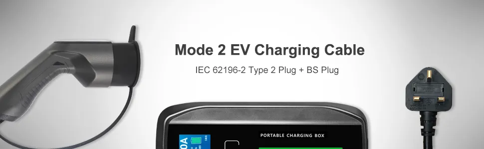 10A Type 2 Portable EV Mode 2 Charger for Electric Vehicle Charging Cable BS Plug