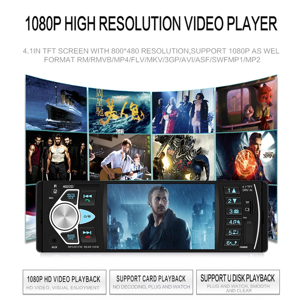 4.1inch 1 DIN Full HD Digital Car Bluetooth MP5 Player 4022D