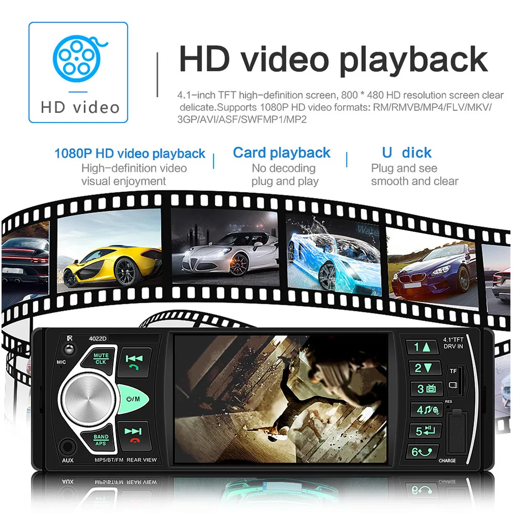 4.1inch 1 DIN Full HD Digital Car Bluetooth MP5 Player 4022D