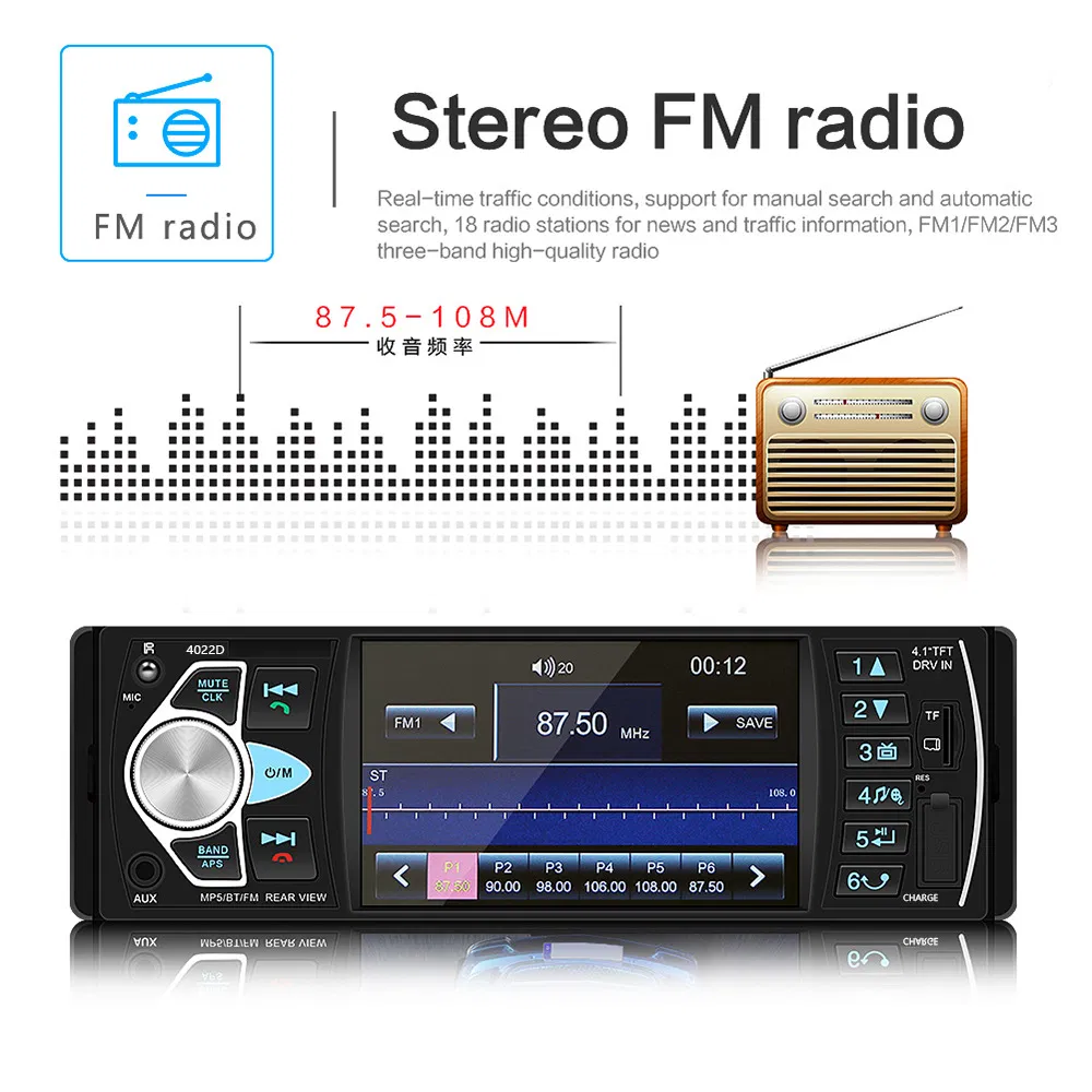4.1inch 1 DIN Full HD Digital Car Bluetooth MP5 Player 4022D