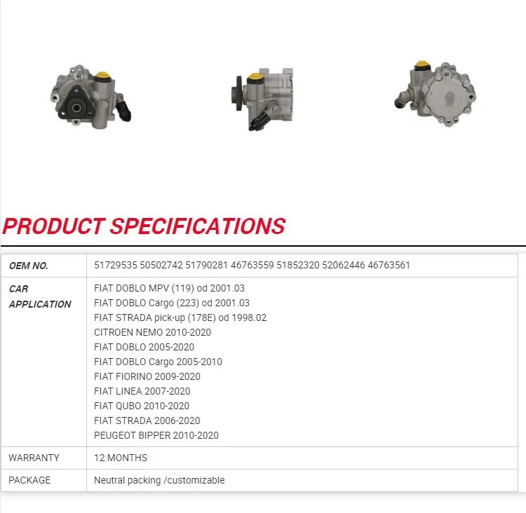 51729535 50502742 51790281 46763559 Power Steering Pump for FIAT Doblo MPV 119 Od 2001.03