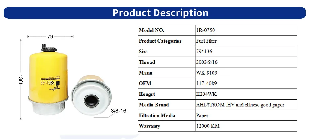 Auto Trucks Fuel Filter for Caterpillar Engines 1r-0750