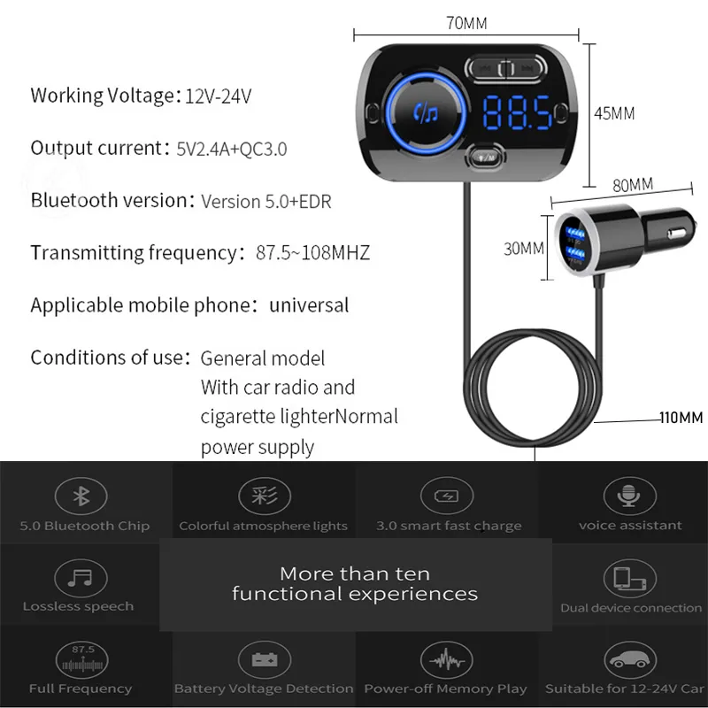 Bluetooth Car Radio Transmitter Handsfree Car Kit QC3.0 USB Car Charger