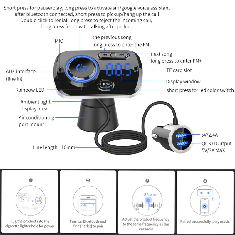 Bluetooth Car Radio Transmitter Handsfree Car Kit QC3.0 USB Car Charger