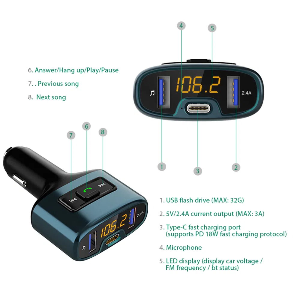 C52s Handsfree Bluetooth Car Kit MP3 Player with FM Transmitter Charger