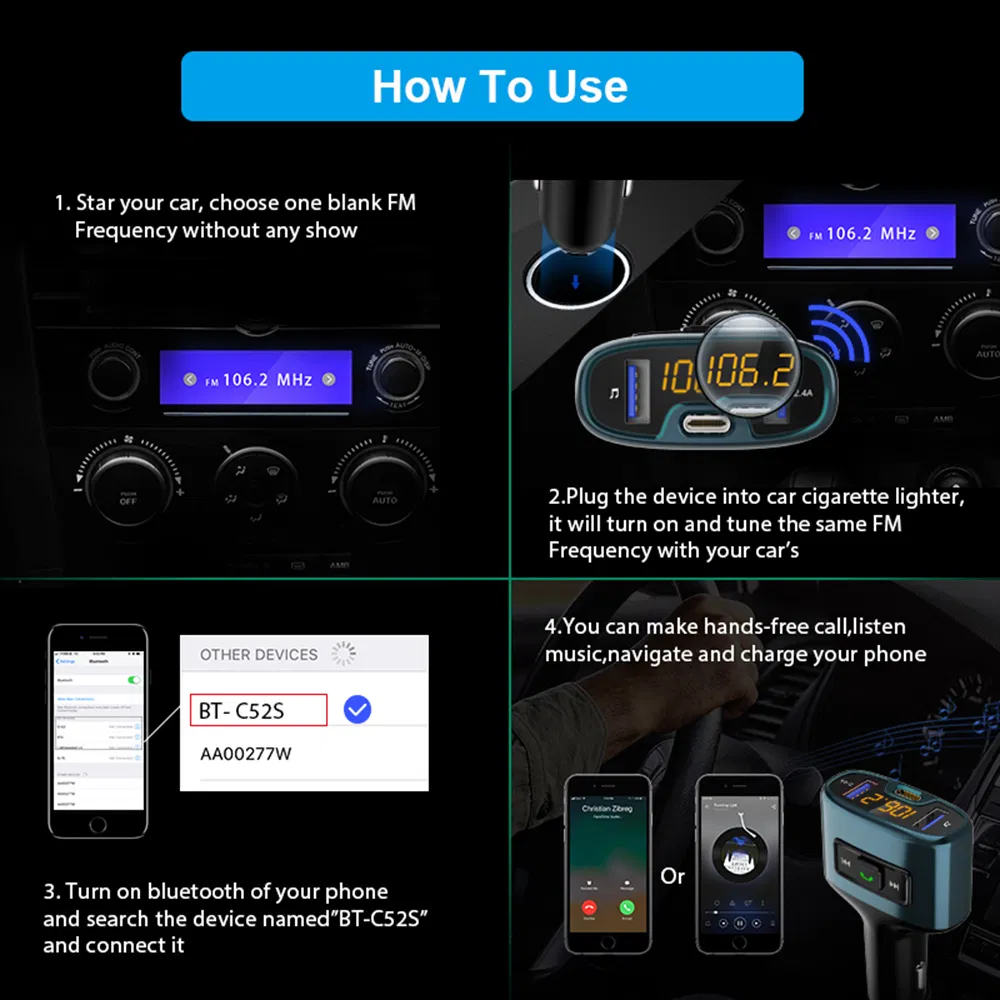 C52s Handsfree Bluetooth Car Kit MP3 Player with FM Transmitter Charger