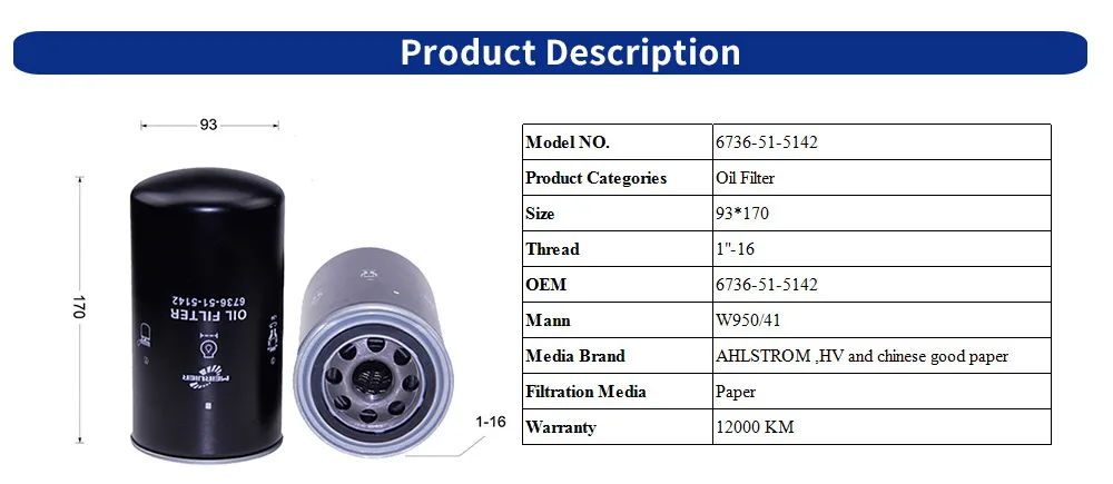 Customized Parts Auto Trucks Oil Filter for Komatsu Engines 6736-51-5142