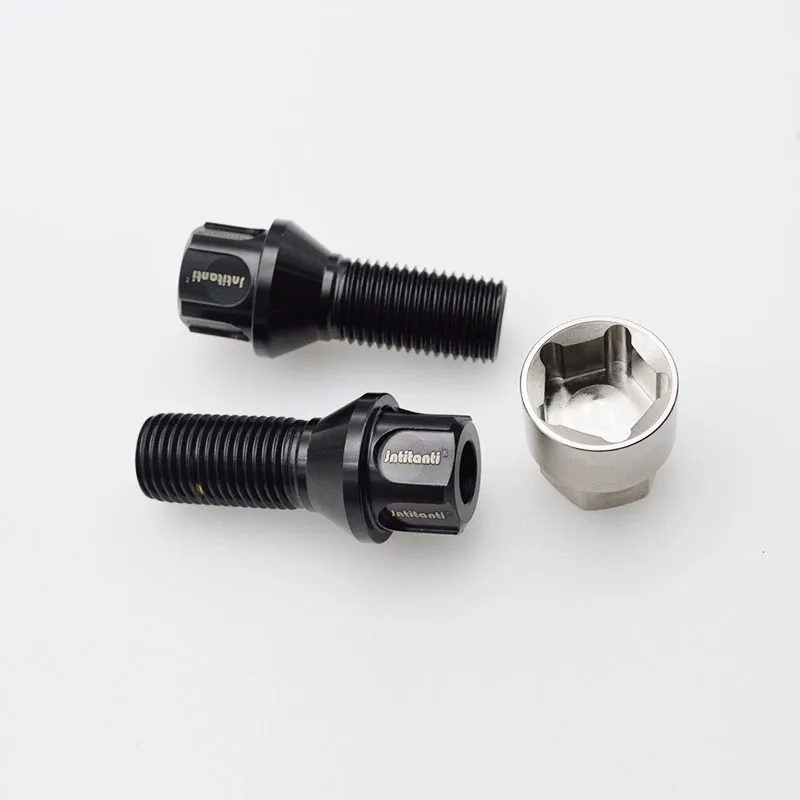 Jntitanti Black Color 60 Degree Cone Seat Gr. 5 Titanium Wheel Bolt with Gr. 5 Titanium Anti-Theft Wheel Bolt and Titanium Key M14*1.25*28