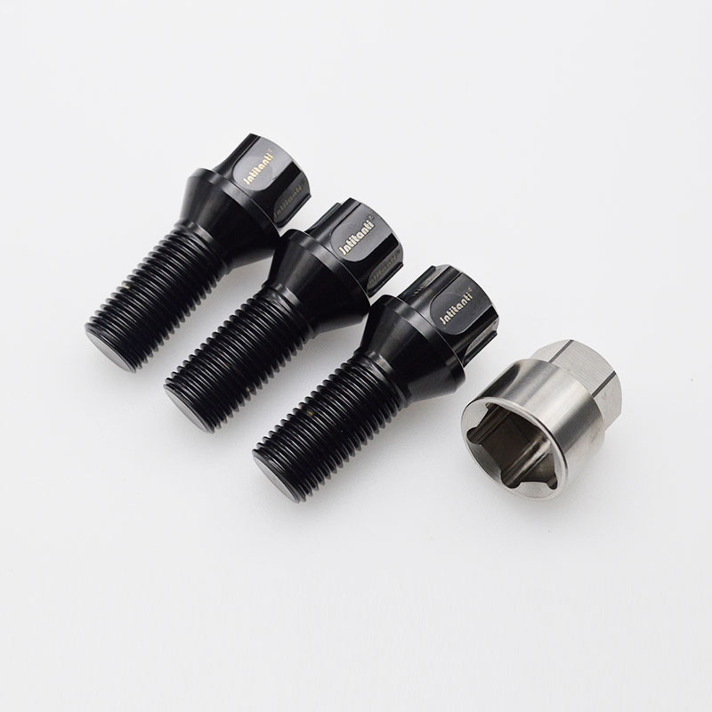 Jntitanti Black Color 60 Degree Cone Seat Gr. 5 Titanium Wheel Bolt with Gr. 5 Titanium Anti-Theft Wheel Bolt and Titanium Key M14*1.25*28