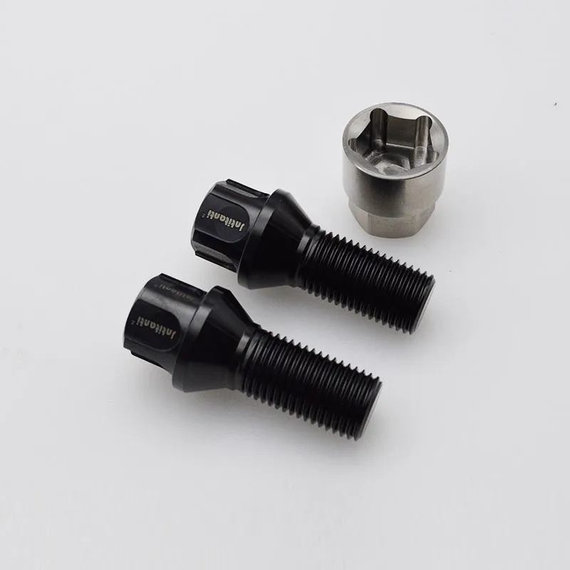 Jntitanti Black Color 60 Degree Cone Seat Gr. 5 Titanium Wheel Bolt with Gr. 5 Titanium Anti-Theft Wheel Bolt and Titanium Key M14*1.25*28