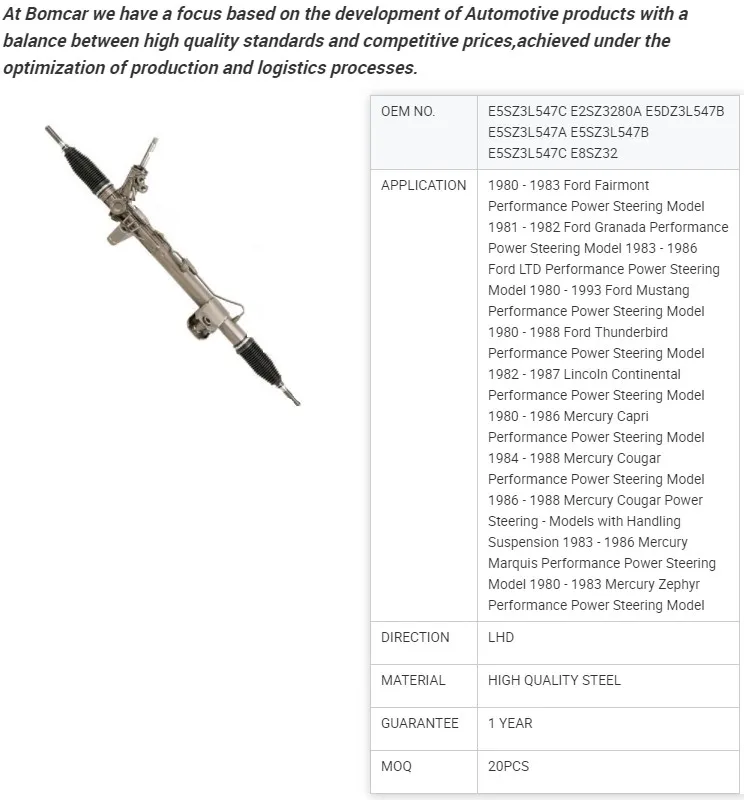 OEM No. E5sz3l547c E2sz3280A E5dz3l547b E5sz3l547A Steering Rack for Ford Fairmont Performance 1980 - 1983 LHD