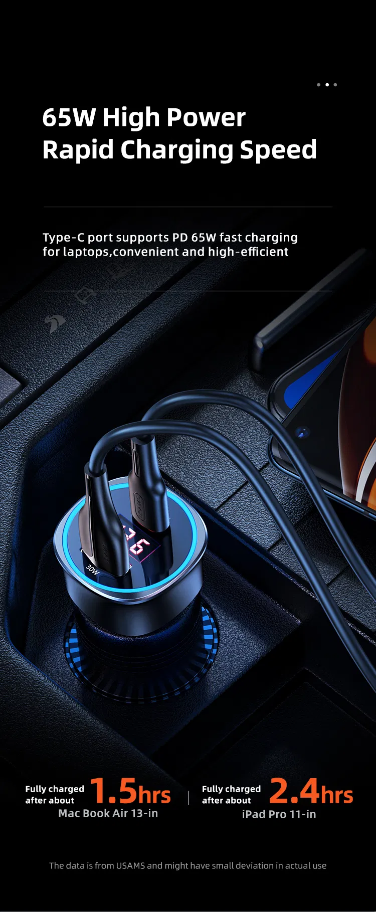 Usams Cc146 Good Quality Dual Ports Fast Charging 95W QC 3.0 Metal Digital LED Display Car Phone Charger for Phone/Tablet/Laptop