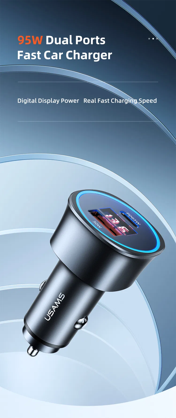 Usams Cc146 Good Quality Dual Ports Fast Charging 95W QC 3.0 Metal Digital LED Display Car Phone Charger for Phone/Tablet/Laptop