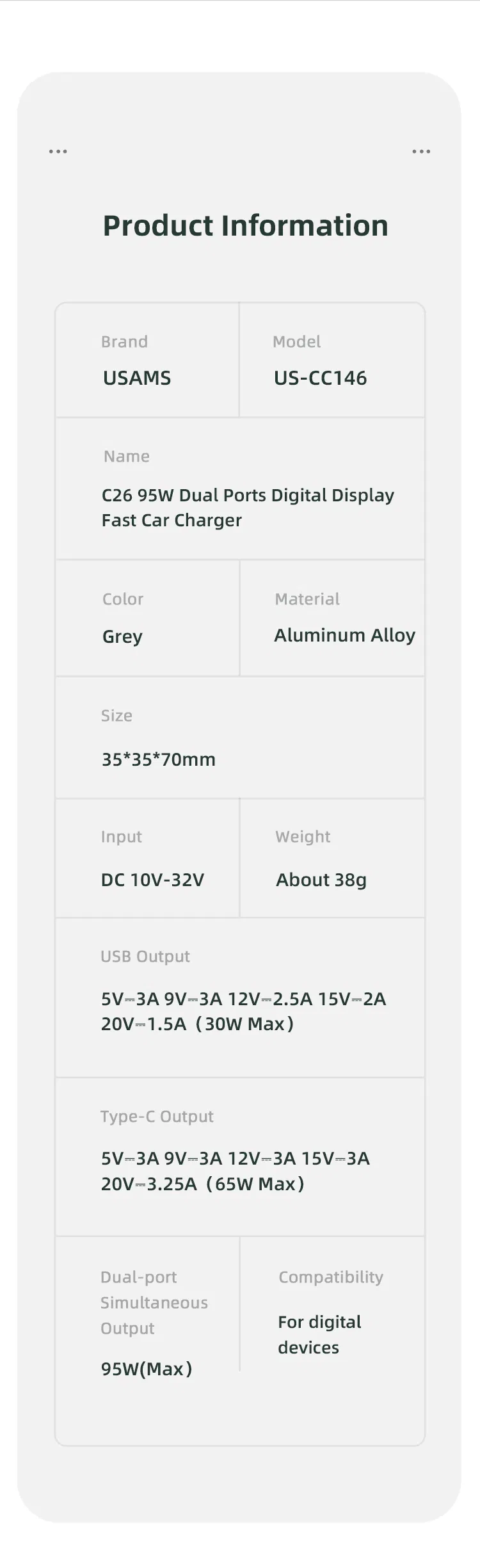 Usams Cc146 Good Quality Dual Ports Fast Charging 95W QC 3.0 Metal Digital LED Display Car Phone Charger for Phone/Tablet/Laptop