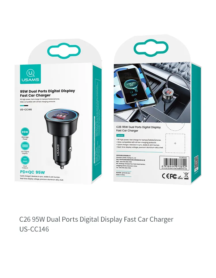 Usams Cc146 Pd Type C Phone Laptop 95W Super Fast Charging QC3.0 Car Cigarette Lighter Adapter for Laptops/Tablets/Phones