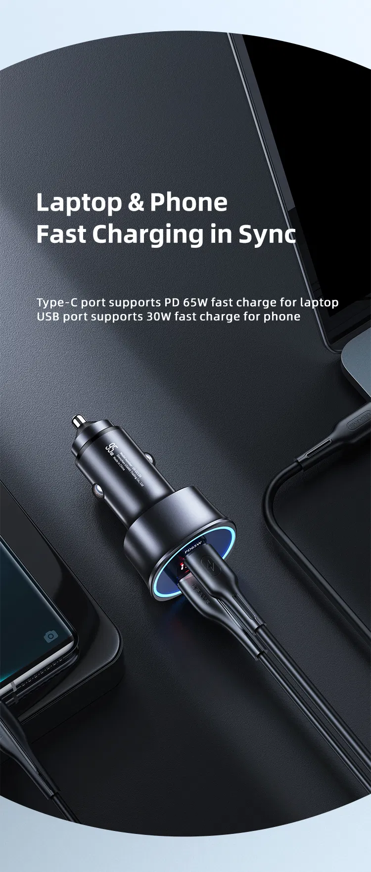 Usams Cc146 Pd Type C Phone Laptop 95W Super Fast Charging QC3.0 Car Cigarette Lighter Adapter for Laptops/Tablets/Phones