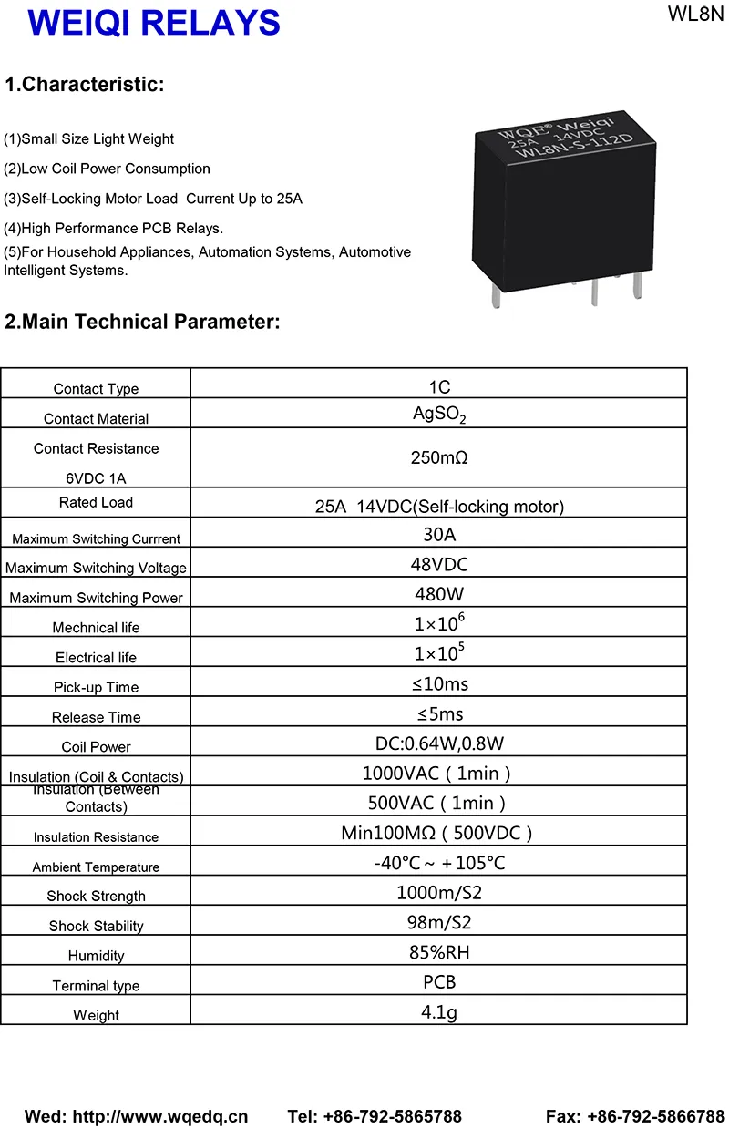 Wl8n 25A 30A 14VDC Auto Relay PCB Automotive Relays 5 Pin Rele for Car Intelligent System Automotion System